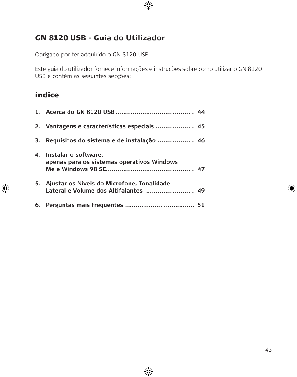 Gn 8120 usb - guia do utilizador, Índice | GN Netcom GN 8120 User Manual | Page 43 / 103