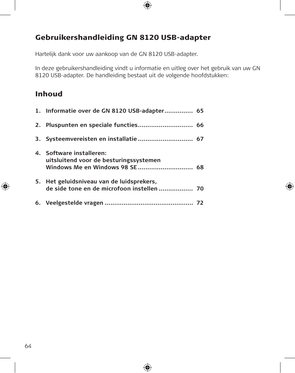 Gebruikershandleiding gn 8120 usb-adapter, Inhoud | GN Netcom GN 8120 User Manual | Page 64 / 103