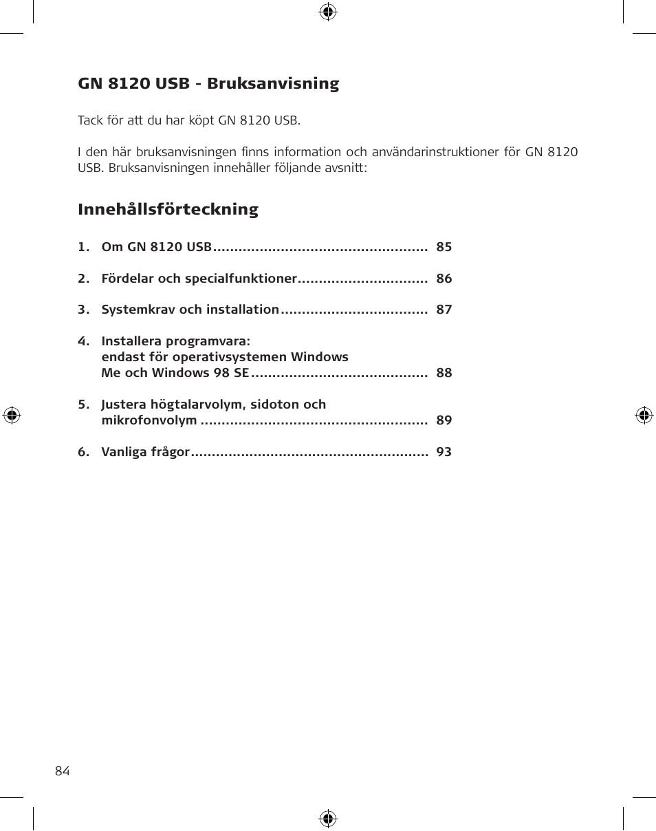 Gn 8120 usb - bruksanvisning, Innehållsförteckning | GN Netcom GN 8120 User Manual | Page 84 / 103
