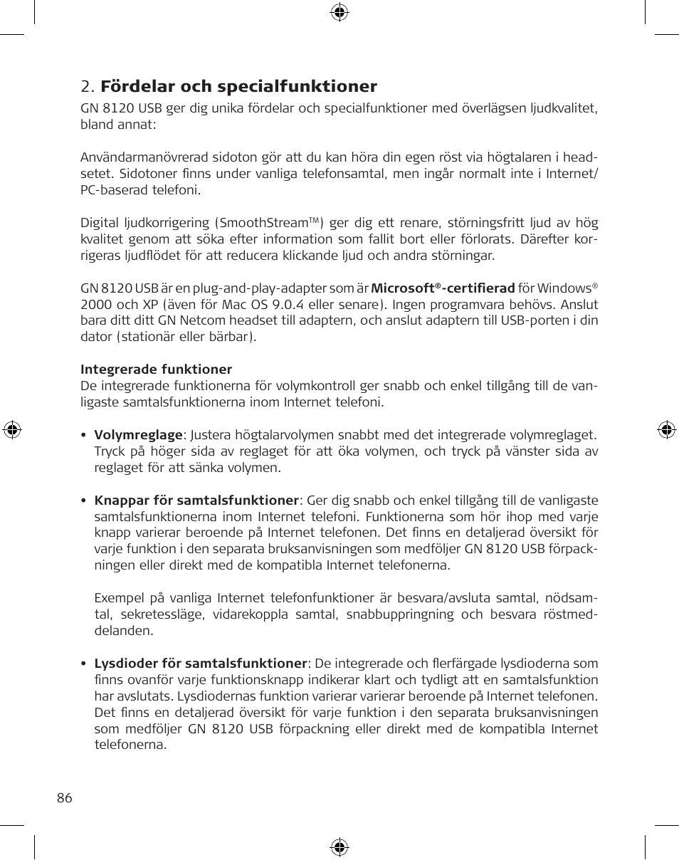 Fördelar och specialfunktioner | GN Netcom GN 8120 User Manual | Page 86 / 103