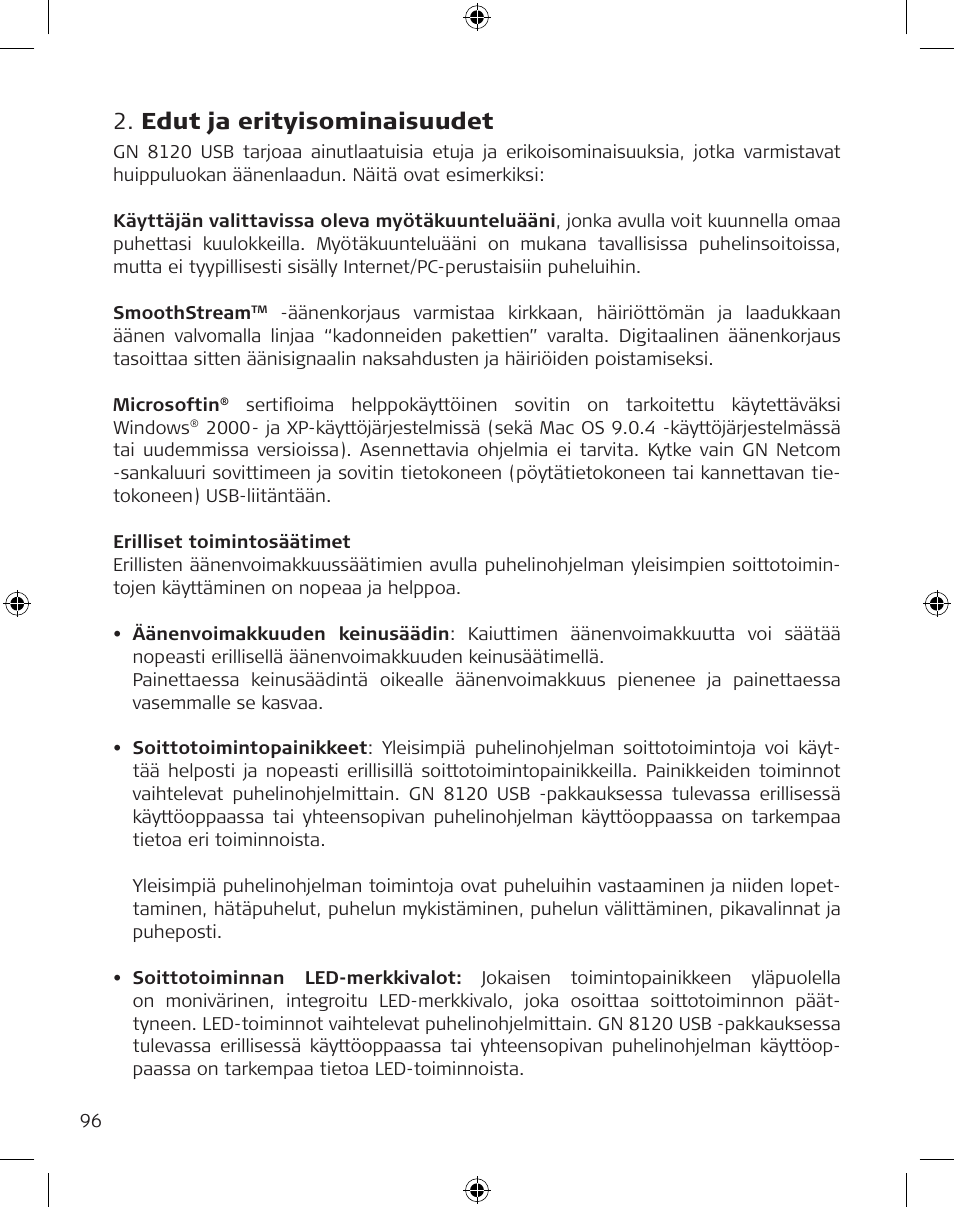 Edut ja erityisominaisuudet | GN Netcom GN 8120 User Manual | Page 96 / 103