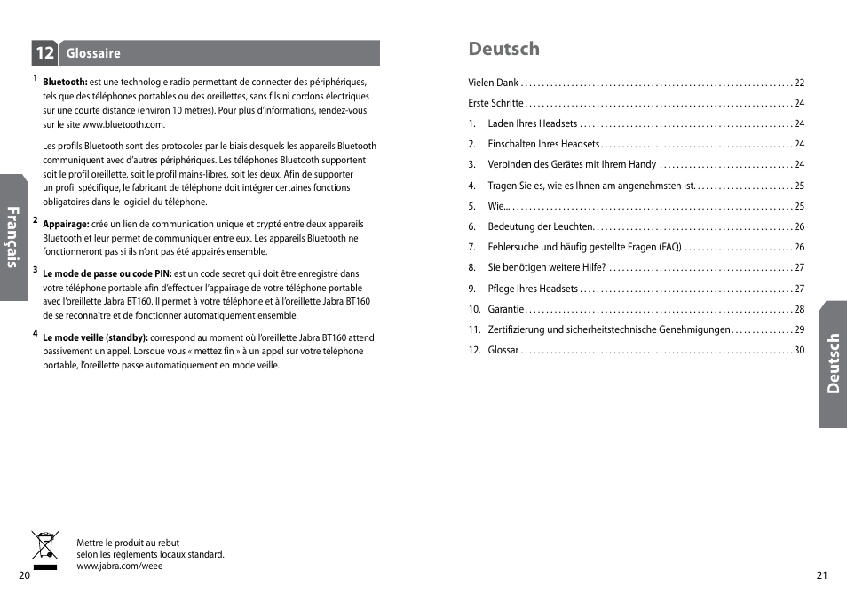 Deutsch, Fr an ça is, Deu ts ch | GN Netcom Jabra BT160 User Manual | Page 13 / 63