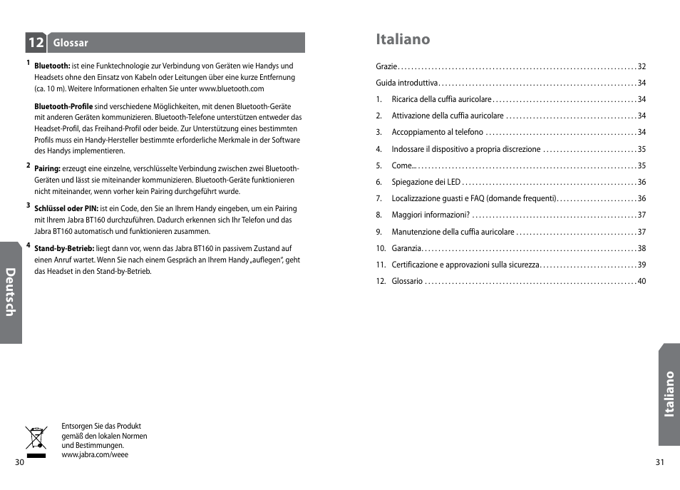 Italiano, Deu ts ch, It al ia no | GN Netcom Jabra BT160 User Manual | Page 18 / 63