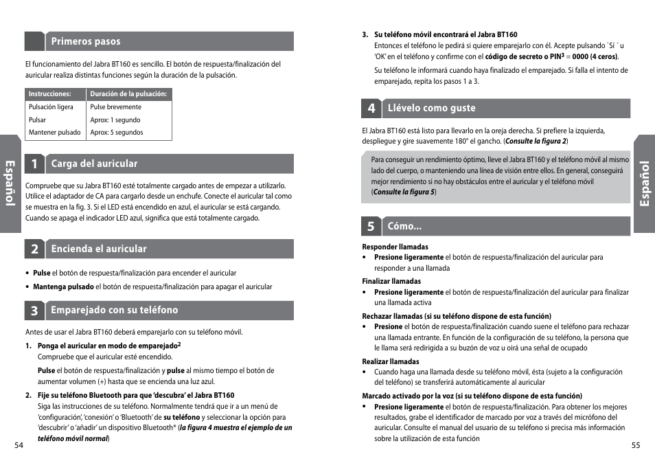 Es pa ño l | GN Netcom Jabra BT160 User Manual | Page 30 / 63