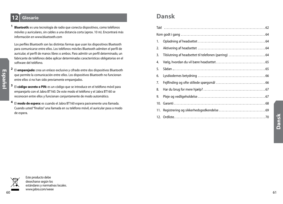 Dansk, Es pa ño l, Dan sk | GN Netcom Jabra BT160 User Manual | Page 33 / 63