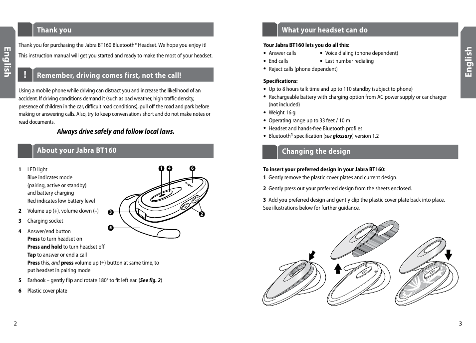 En gl is h, En gli sh | GN Netcom Jabra BT160 User Manual | Page 4 / 63