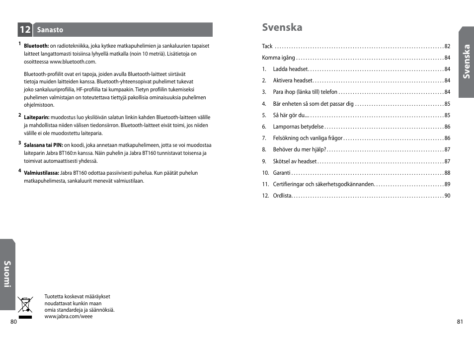 Svenska, Su om i, Sv en sk a | GN Netcom Jabra BT160 User Manual | Page 43 / 63