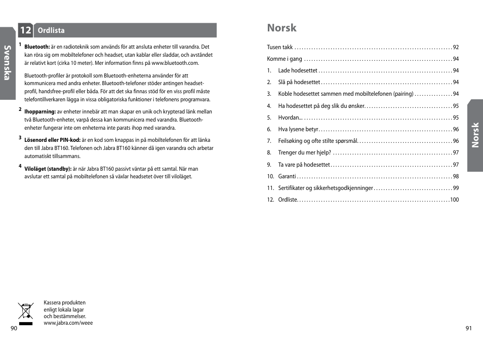 Norsk, Sv en sk a, Nor sk | GN Netcom Jabra BT160 User Manual | Page 48 / 63