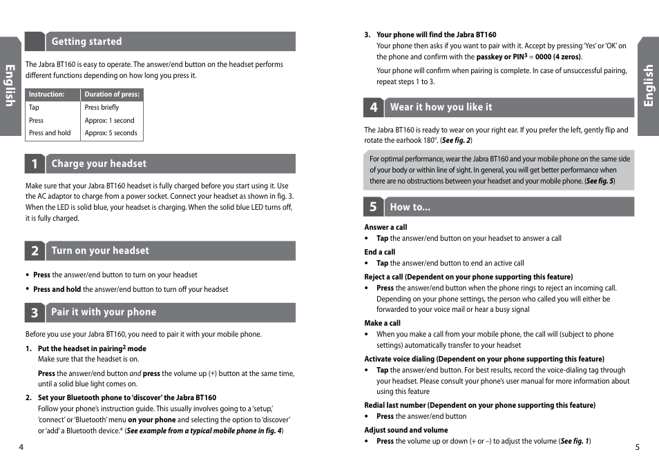 En gl is h, En gli sh | GN Netcom Jabra BT160 User Manual | Page 5 / 63