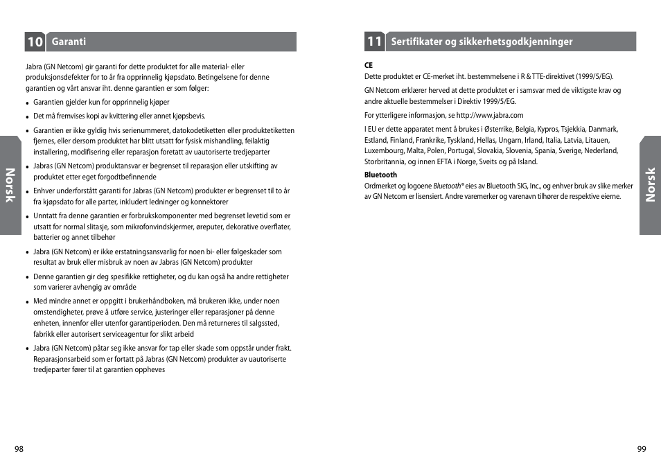 Nor sk | GN Netcom Jabra BT160 User Manual | Page 52 / 63