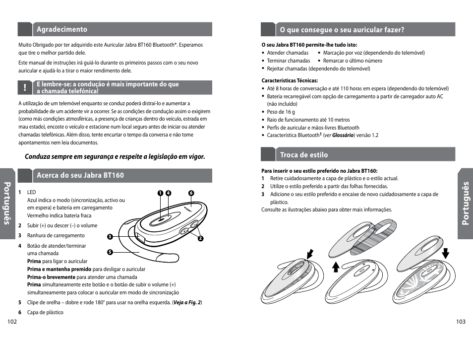 Po rtu gu ês, Po rt ug uê s | GN Netcom Jabra BT160 User Manual | Page 54 / 63