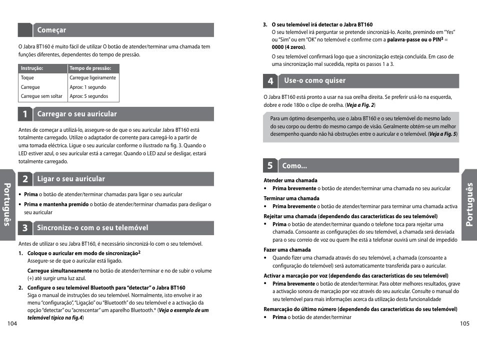 Po rtu gu ês, Po rt ug uê s | GN Netcom Jabra BT160 User Manual | Page 55 / 63
