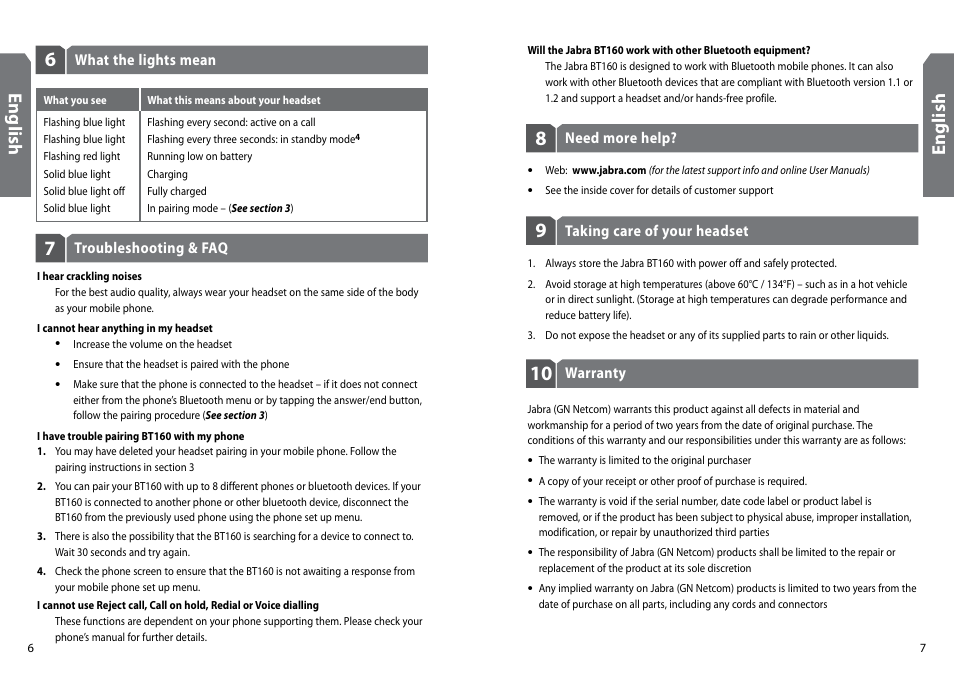 En gl is h, En gli sh | GN Netcom Jabra BT160 User Manual | Page 6 / 63