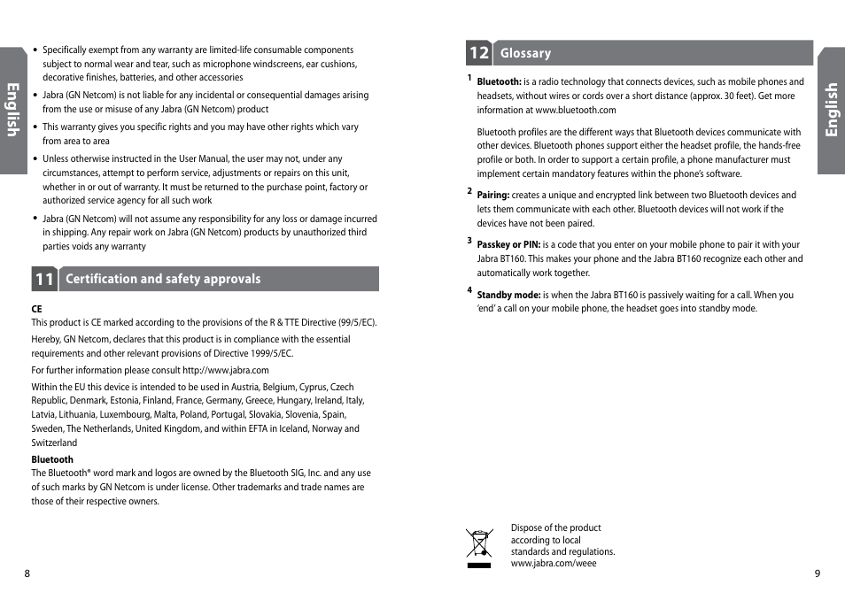 En gl is h, En gli sh | GN Netcom Jabra BT160 User Manual | Page 7 / 63
