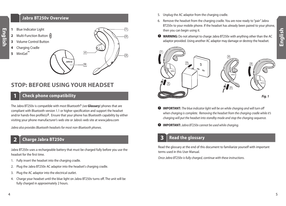 Stop: before using your headset, En g lis h | GN Netcom BT250v User Manual | Page 3 / 9