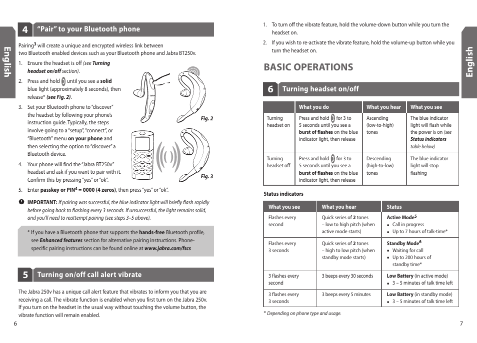 6basic operations, En g lis h | GN Netcom BT250v User Manual | Page 4 / 9