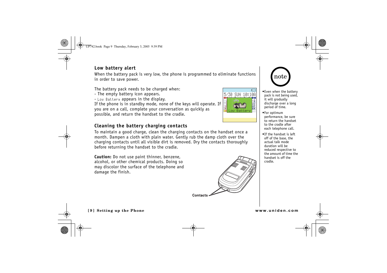Low battery alert, Cleaning the battery charging contacts | GN Netcom ELT 560 User Manual | Page 10 / 72