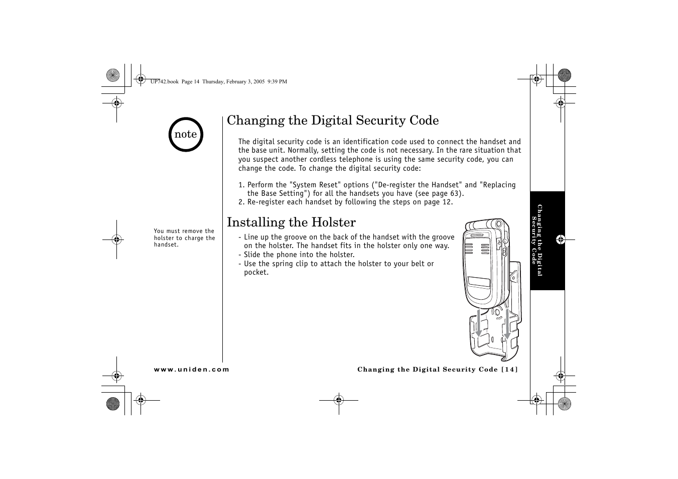 Changing the digital security code, Installing the holster | GN Netcom ELT 560 User Manual | Page 15 / 72