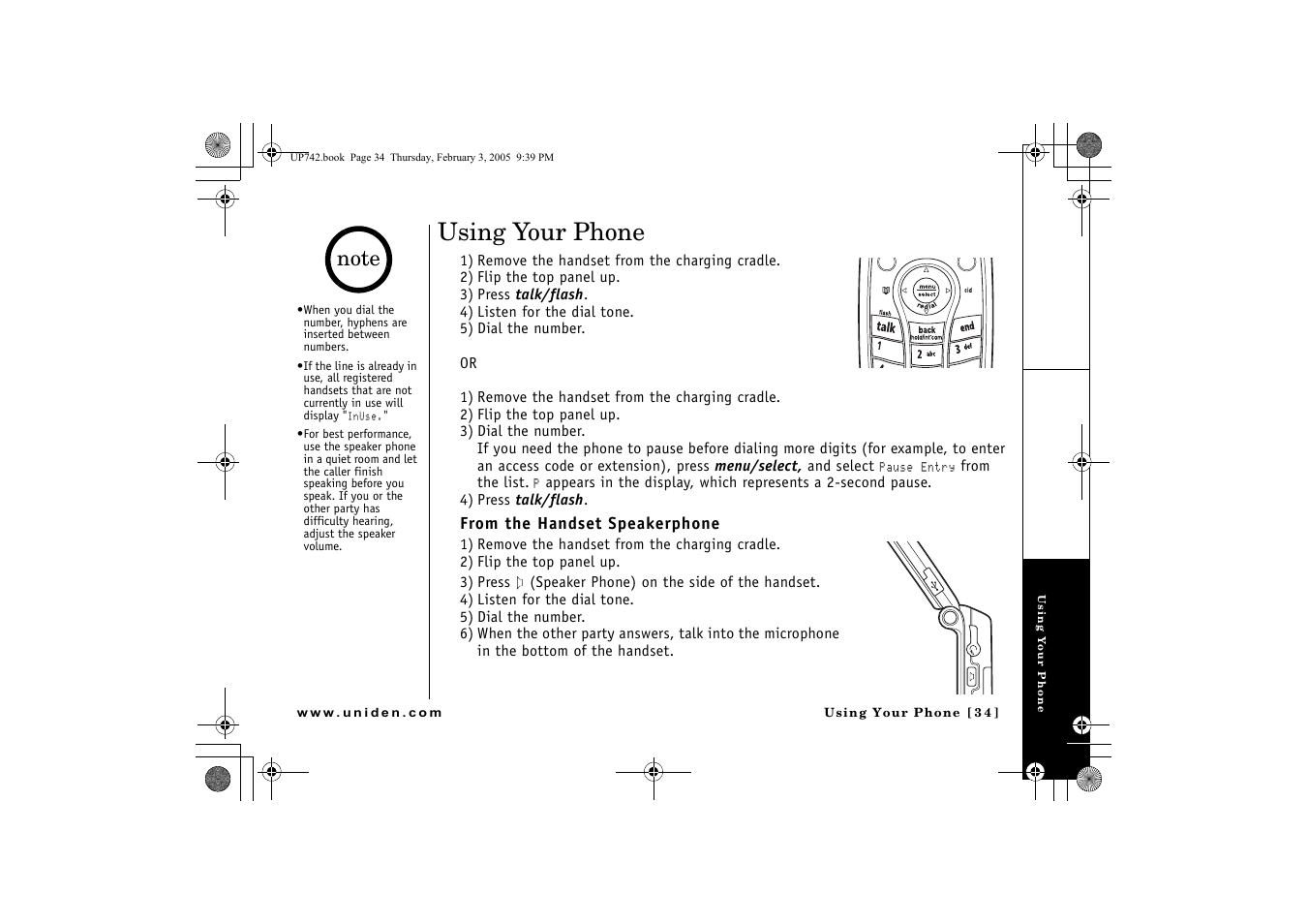 Using your phone, From the handset speakerphone, P. 34 | E) (p. 34) | GN Netcom ELT 560 User Manual | Page 35 / 72