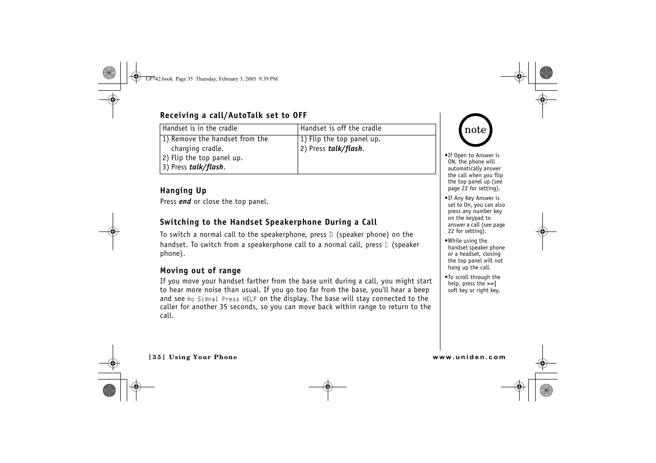 Receiving a call/autotalk set to off, Hanging up, Moving out of range | D (p. 35) | GN Netcom ELT 560 User Manual | Page 36 / 72