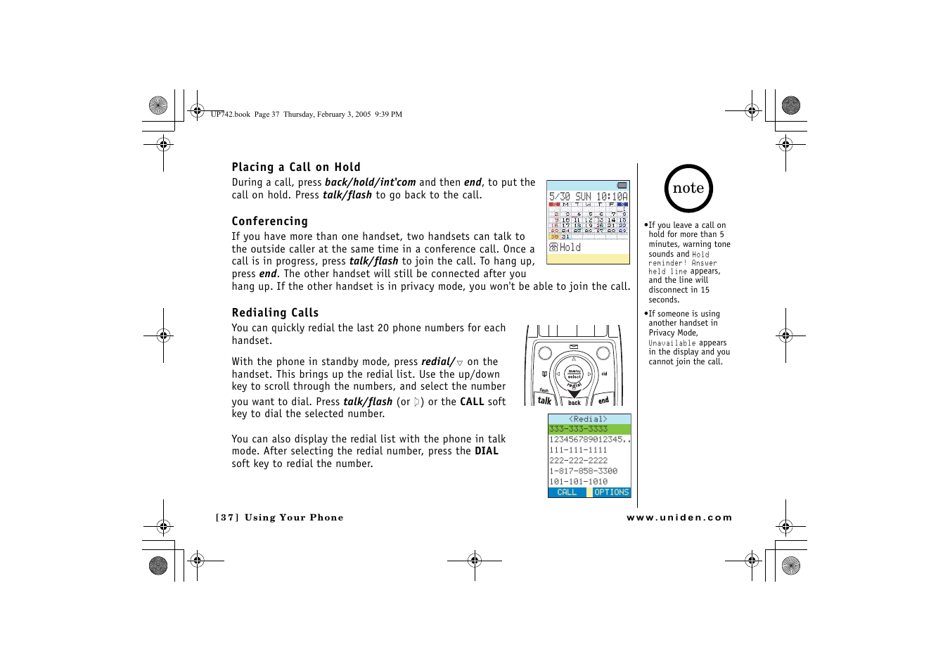 Placing a call on hold, Conferencing, P. 37 | Redialing calls | GN Netcom ELT 560 User Manual | Page 38 / 72