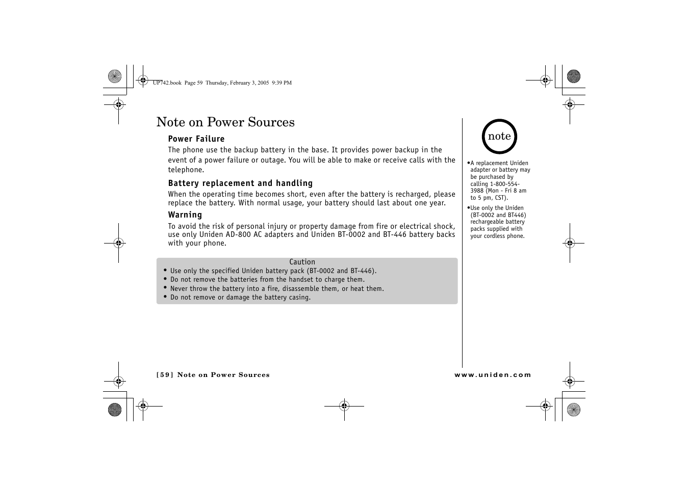Note on power sources, Power failure, Battery replacement and handling 59 warning | GN Netcom ELT 560 User Manual | Page 60 / 72