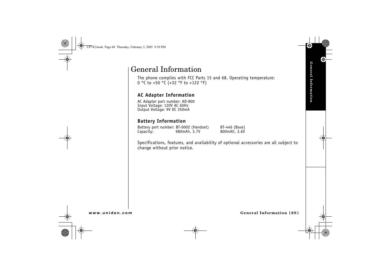 General information, Ac adapter information, Battery information | GN Netcom ELT 560 User Manual | Page 61 / 72