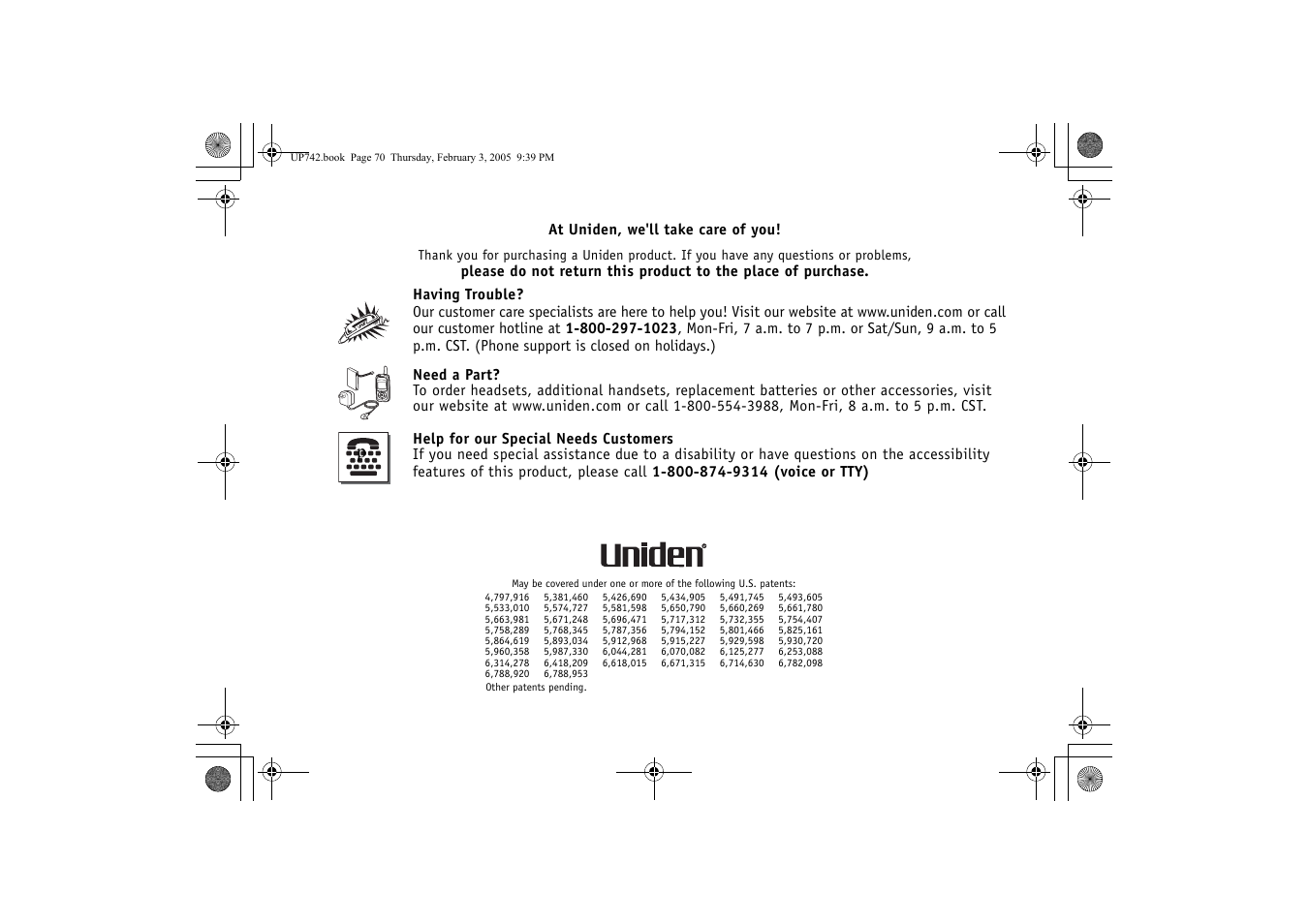 At uniden, we'll take care of you | GN Netcom ELT 560 User Manual | Page 71 / 72