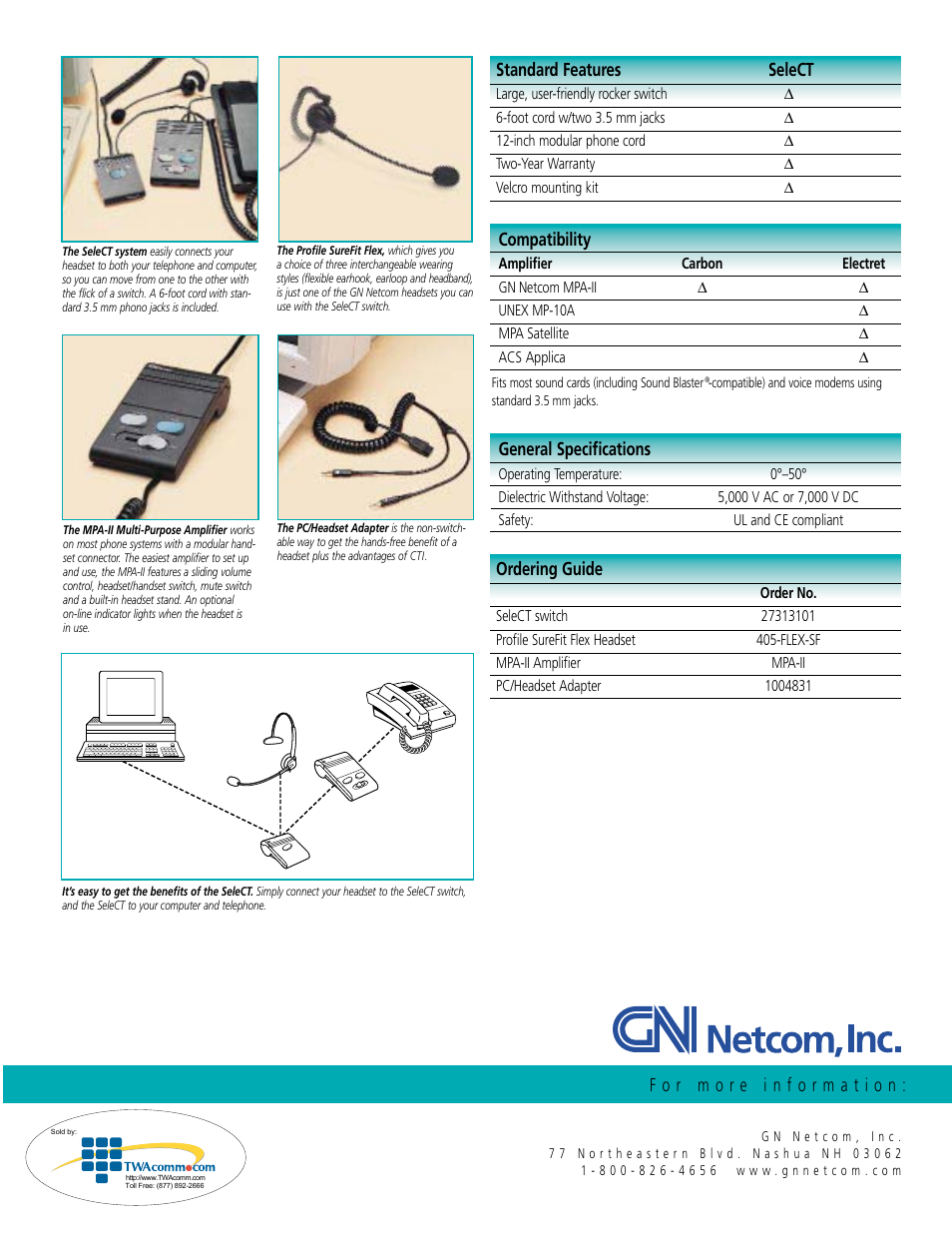 Compatibility, Standard features select, Ordering guide | General speciﬁcations | GN Netcom ONE-CLICK COMPUTER-TELEPHONY SWITCH User Manual | Page 2 / 2