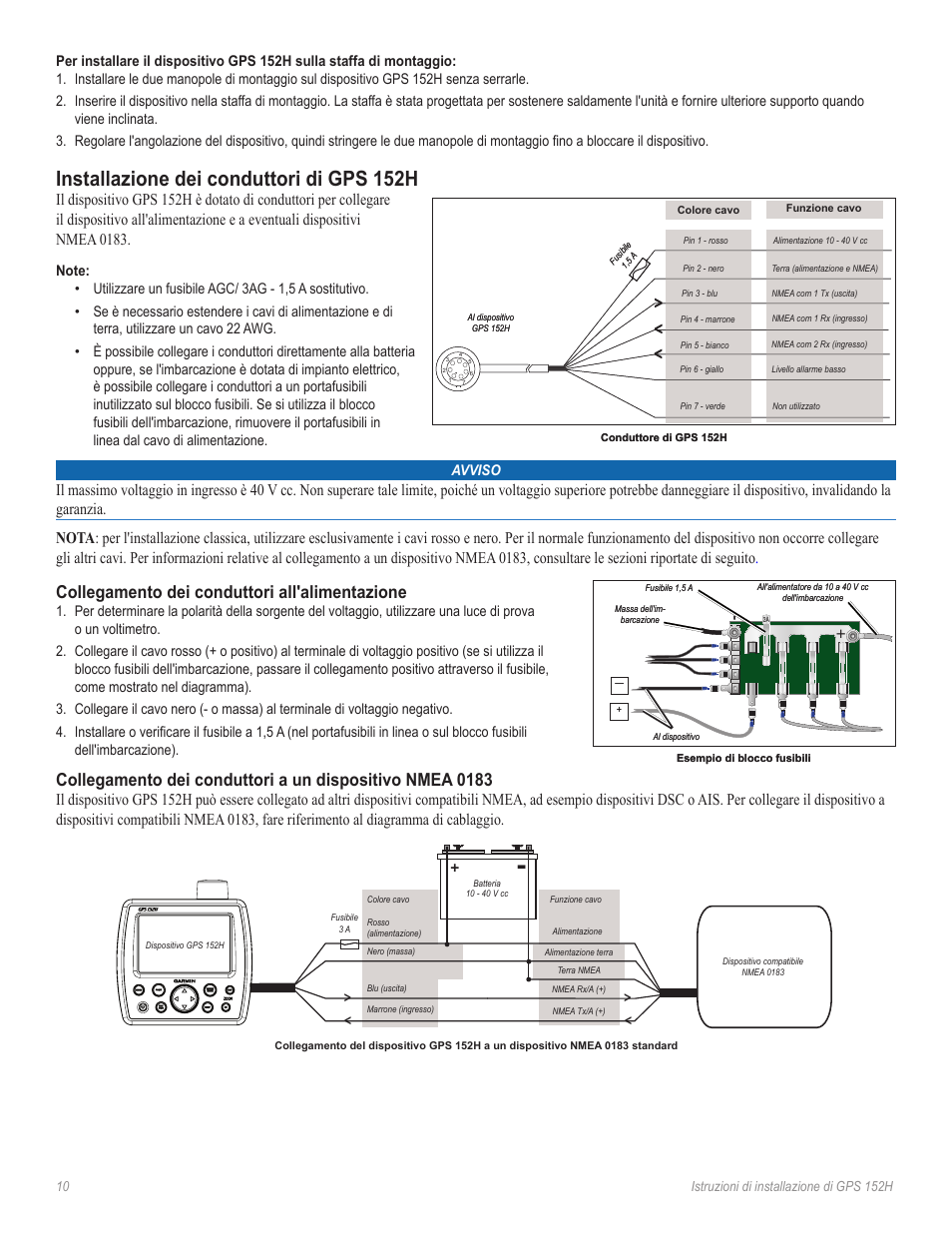 Installazione dei conduttori di gps 152h, Collegamento dei conduttori all'alimentazione | Garmin GPS 190-01219-91 User Manual | Page 10 / 36