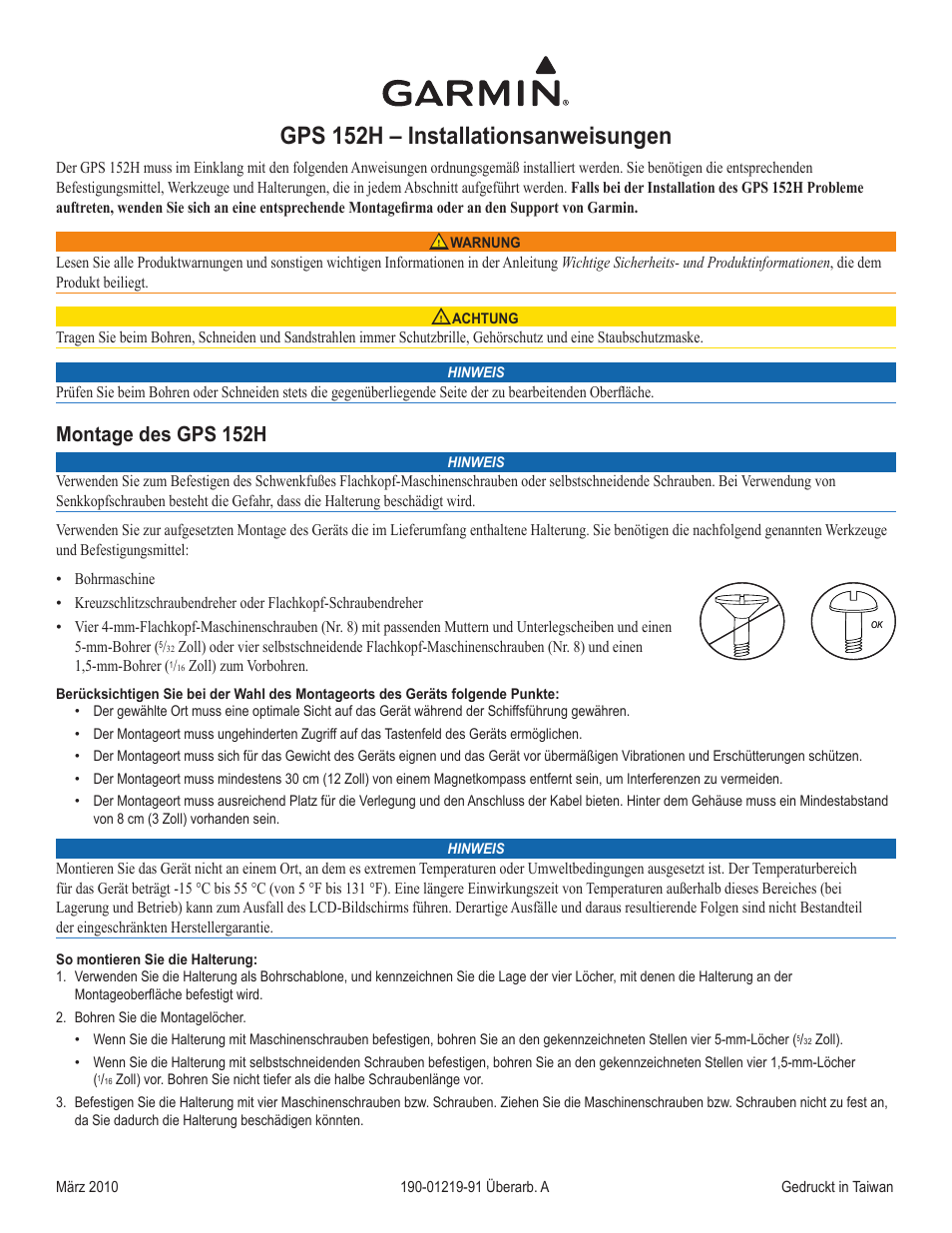 Installationsanweisungen (de), Gps 152h – installationsanweisungen, Montage des gps 152h | Garmin GPS 190-01219-91 User Manual | Page 12 / 36