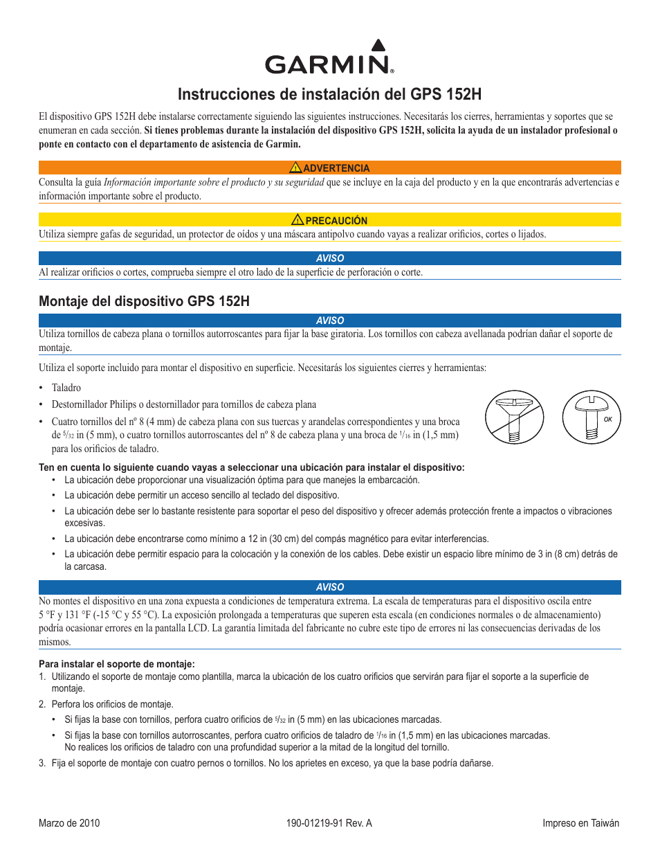 Instrucciones de instalación (es), Instrucciones de instalación del gps 152h, Montaje del dispositivo gps 152h | Garmin GPS 190-01219-91 User Manual | Page 15 / 36