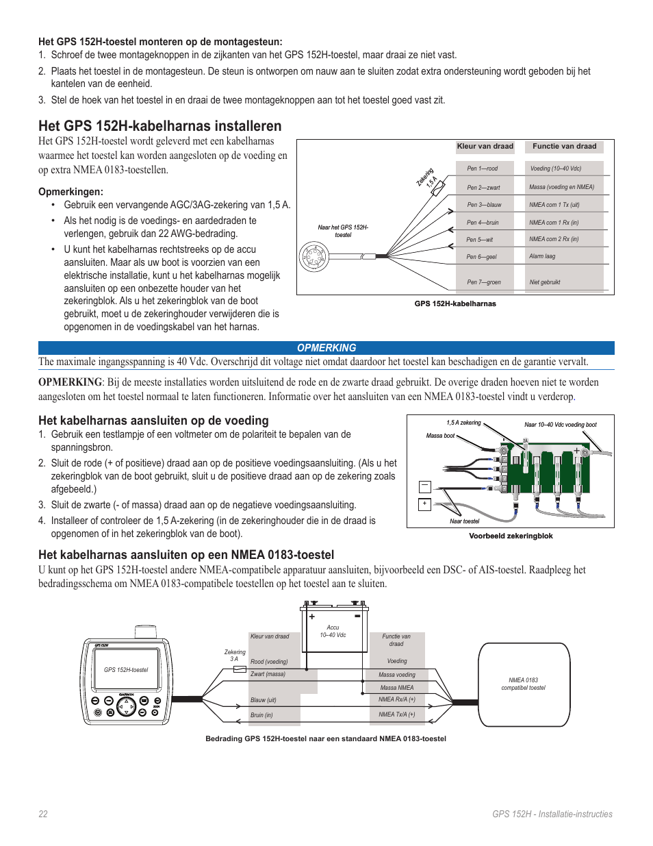 Het gps 152h-kabelharnas installeren, Het kabelharnas aansluiten op de voeding | Garmin GPS 190-01219-91 User Manual | Page 22 / 36