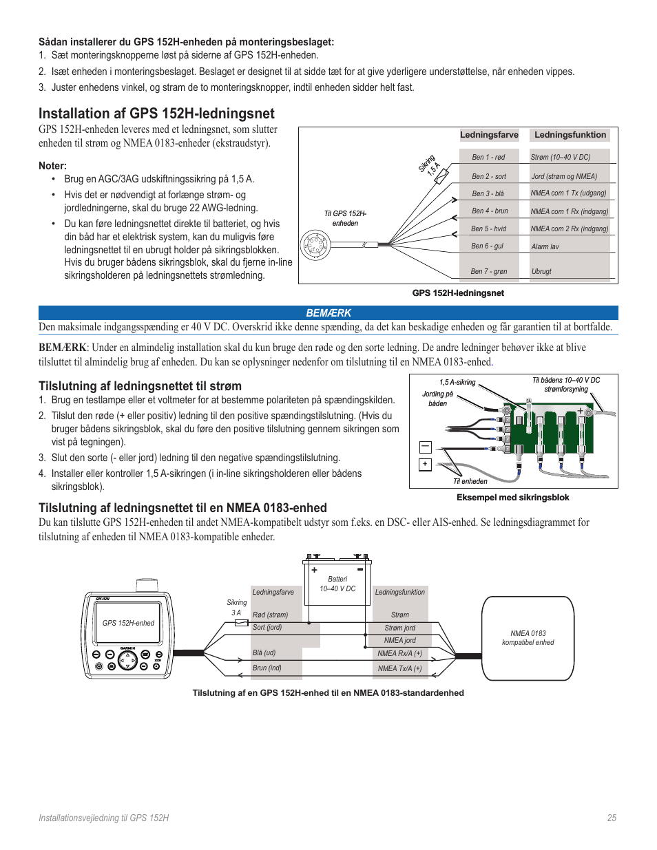 Installation af gps 152h-ledningsnet, Tilslutning af ledningsnettet til strøm | Garmin GPS 190-01219-91 User Manual | Page 25 / 36