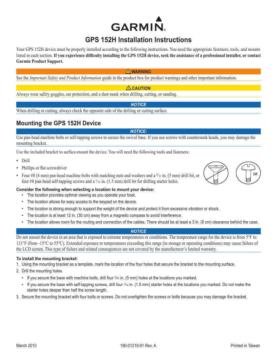 Installation instructions (en), Gps 152h installation instructions, Mounting the gps 152h device | Garmin GPS 190-01219-91 User Manual | Page 3 / 36