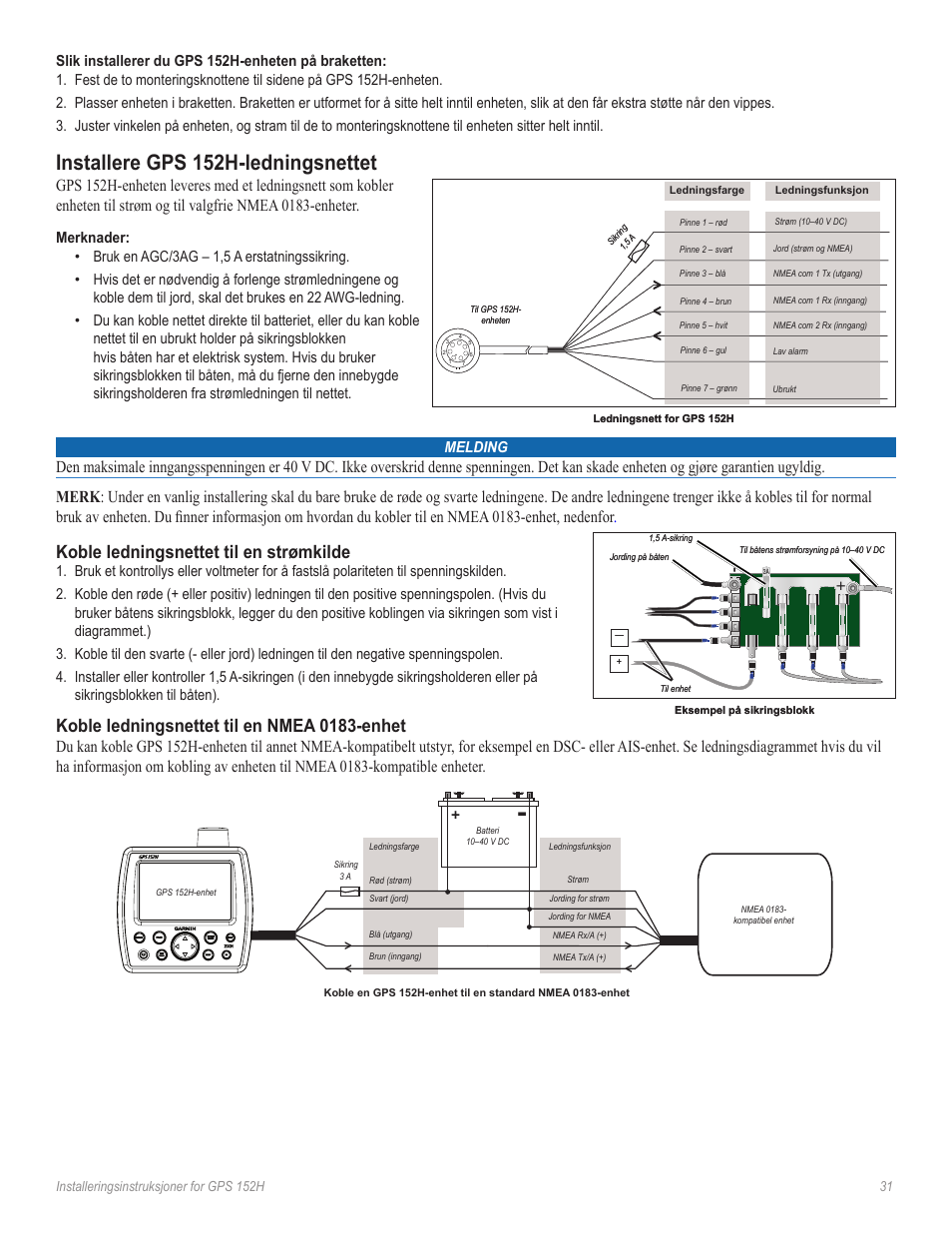 Installere gps 152h-ledningsnettet, Koble ledningsnettet til en strømkilde, Koble ledningsnettet til en nmea 0183-enhet | Garmin GPS 190-01219-91 User Manual | Page 31 / 36