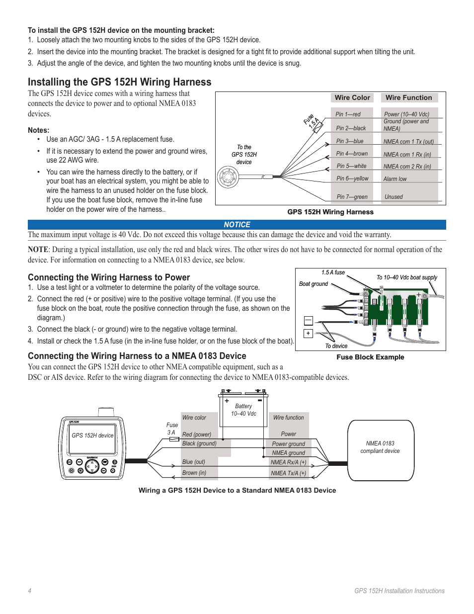 Installing the gps 152h wiring harness, Connecting the wiring harness to power | Garmin GPS 190-01219-91 User Manual | Page 4 / 36