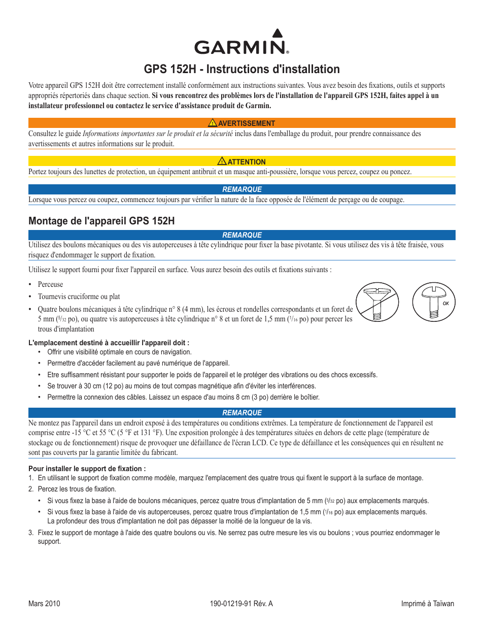 Instructions d’installation (fr), Gps 152h - instructions d'installation, Montage de l'appareil gps 152h | Garmin GPS 190-01219-91 User Manual | Page 6 / 36