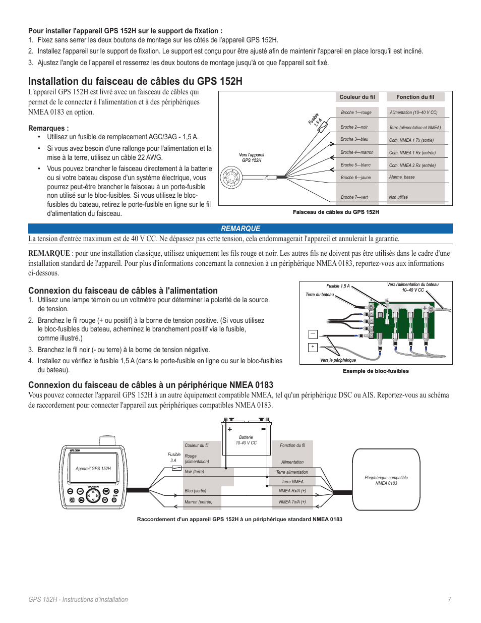 Installation du faisceau de câbles du gps 152h, Connexion du faisceau de câbles à l'alimentation | Garmin GPS 190-01219-91 User Manual | Page 7 / 36