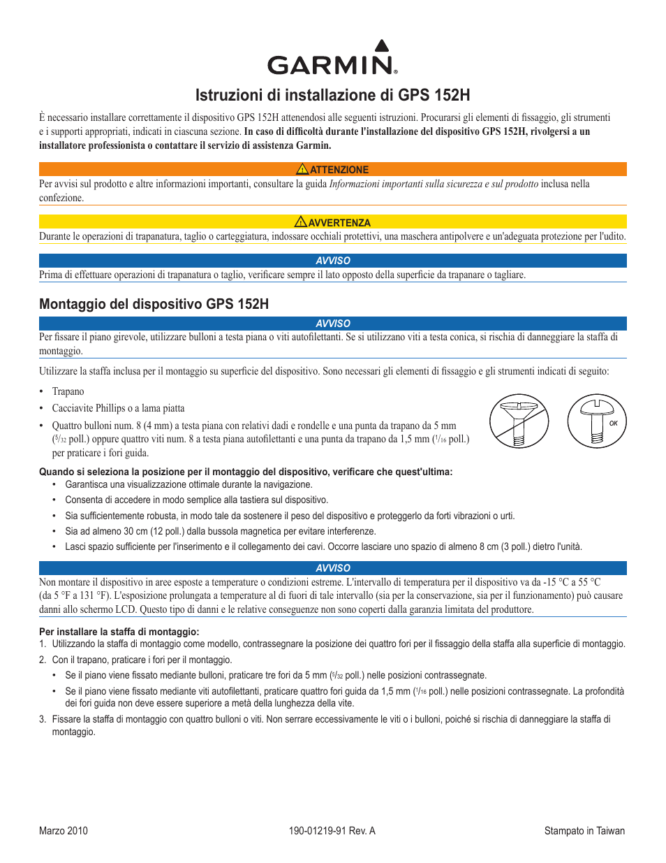 Istruzioni di installazione (it), Istruzioni di installazione di gps 152h, Montaggio del dispositivo gps 152h | Garmin GPS 190-01219-91 User Manual | Page 9 / 36