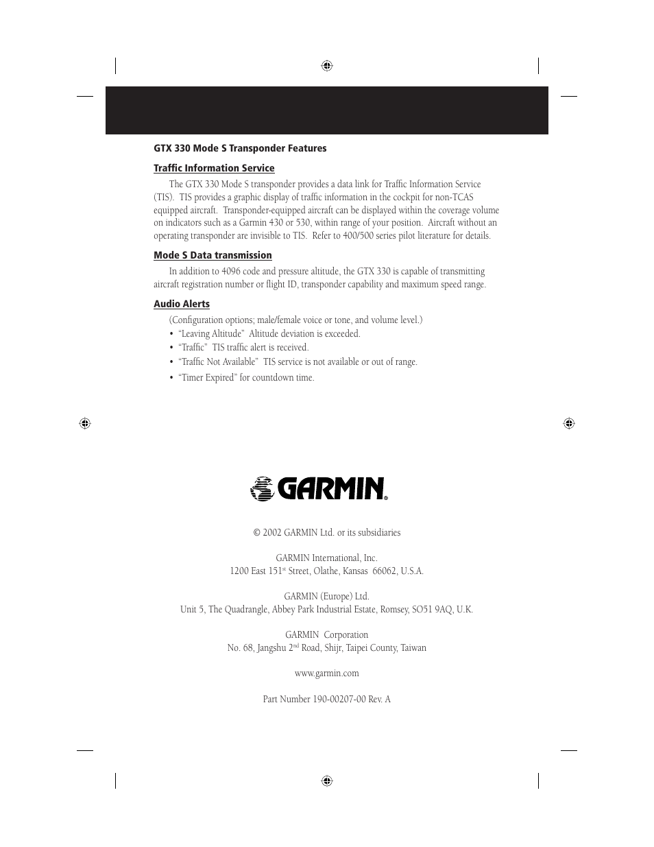 Garmin MODE S TRANSPONDER GTXTM 330 User Manual | Page 8 / 8