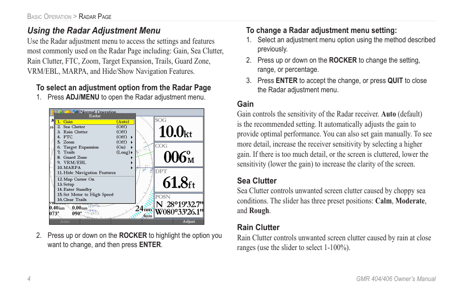 Using the radar adjustment menu | Garmin GMR 404 User Manual | Page 10 / 26