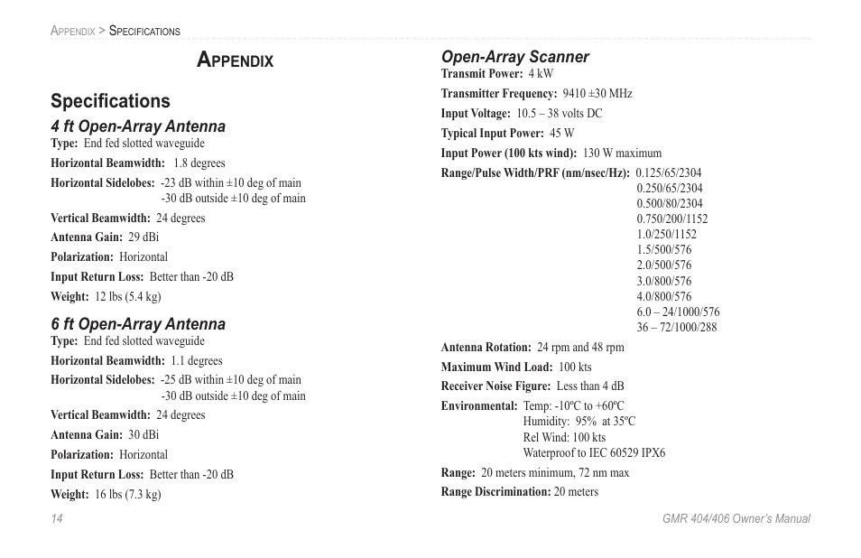 Appendix, Specifications, 4 ft open-array antenna | 6 ft open-array antenna, Open-array scanner | Garmin GMR 404 User Manual | Page 20 / 26