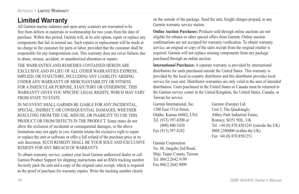 Limited warranty | Garmin GMR 404 User Manual | Page 22 / 26