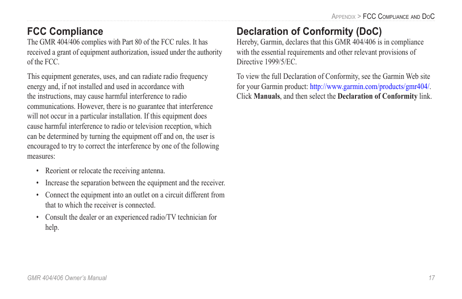 Fcc compliance, Declaration of conformity (doc) | Garmin GMR 404 User Manual | Page 23 / 26