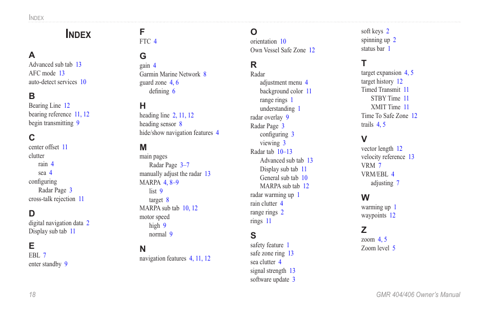 Index, Ndex | Garmin GMR 404 User Manual | Page 24 / 26