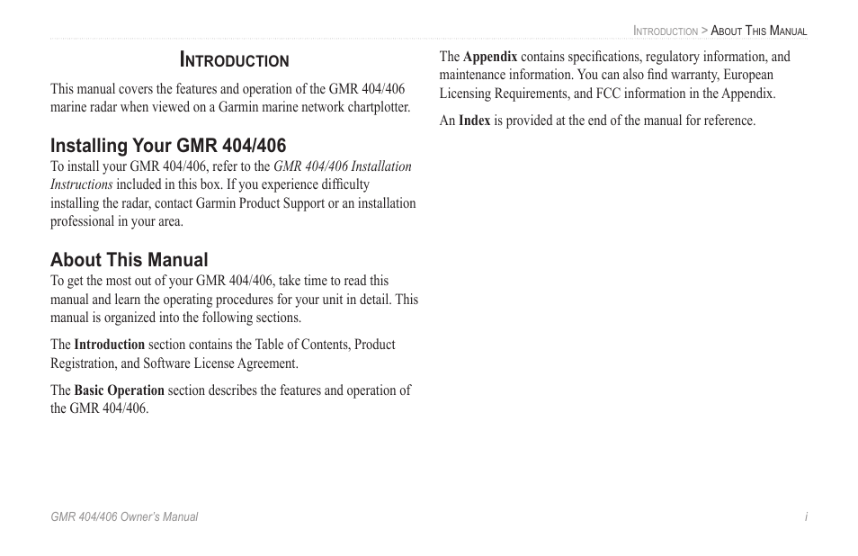 Introduction, Installing your gmr 404/406, About this manual | Garmin GMR 404 User Manual | Page 3 / 26