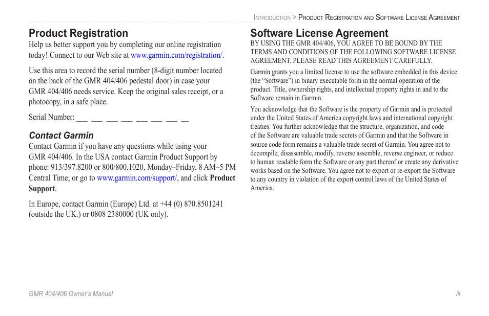Product registration, Contact garmin, Software license agreement | Garmin GMR 404 User Manual | Page 5 / 26