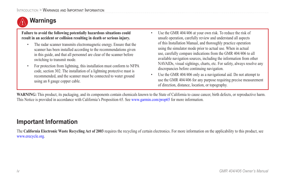 Warnings, Important information | Garmin GMR 404 User Manual | Page 6 / 26