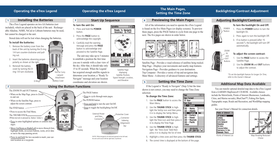 Installing the batteries, Setting the time zone, Start up sequence | Previewing the main pages, Using the button functions | Garmin eTrex 190-00234-01 User Manual | Page 2 / 2